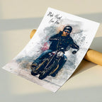 Custom bearded biker watercolour portrait on fine art paper — personalised motorcycle wall art with 'Ride Hard, Live Free' quote, made from your photo.