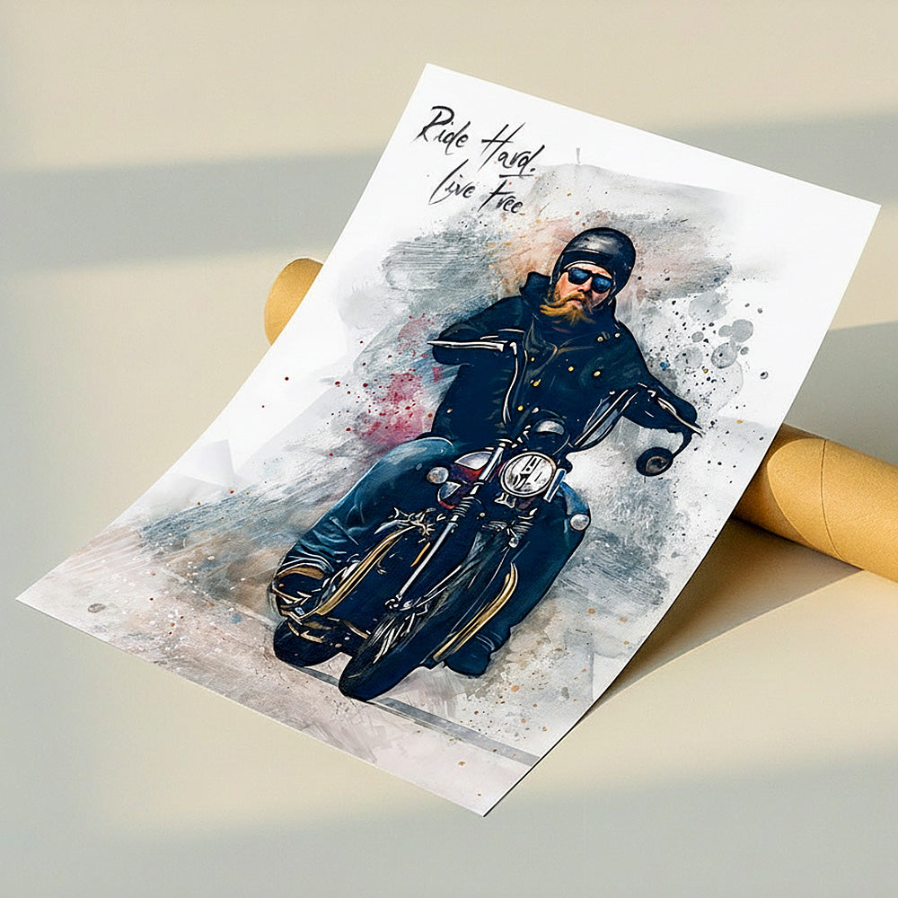 Custom bearded biker watercolour portrait on fine art paper — personalised motorcycle wall art with 'Ride Hard, Live Free' quote, made from your photo.