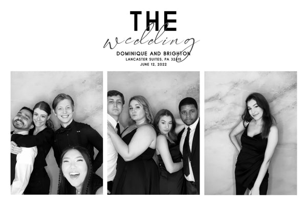 An elegant black-and-white wedding photo booth template with a marble backdrop, showing guests posing in three frames, personalised with names and date, by Ausome Love Studio