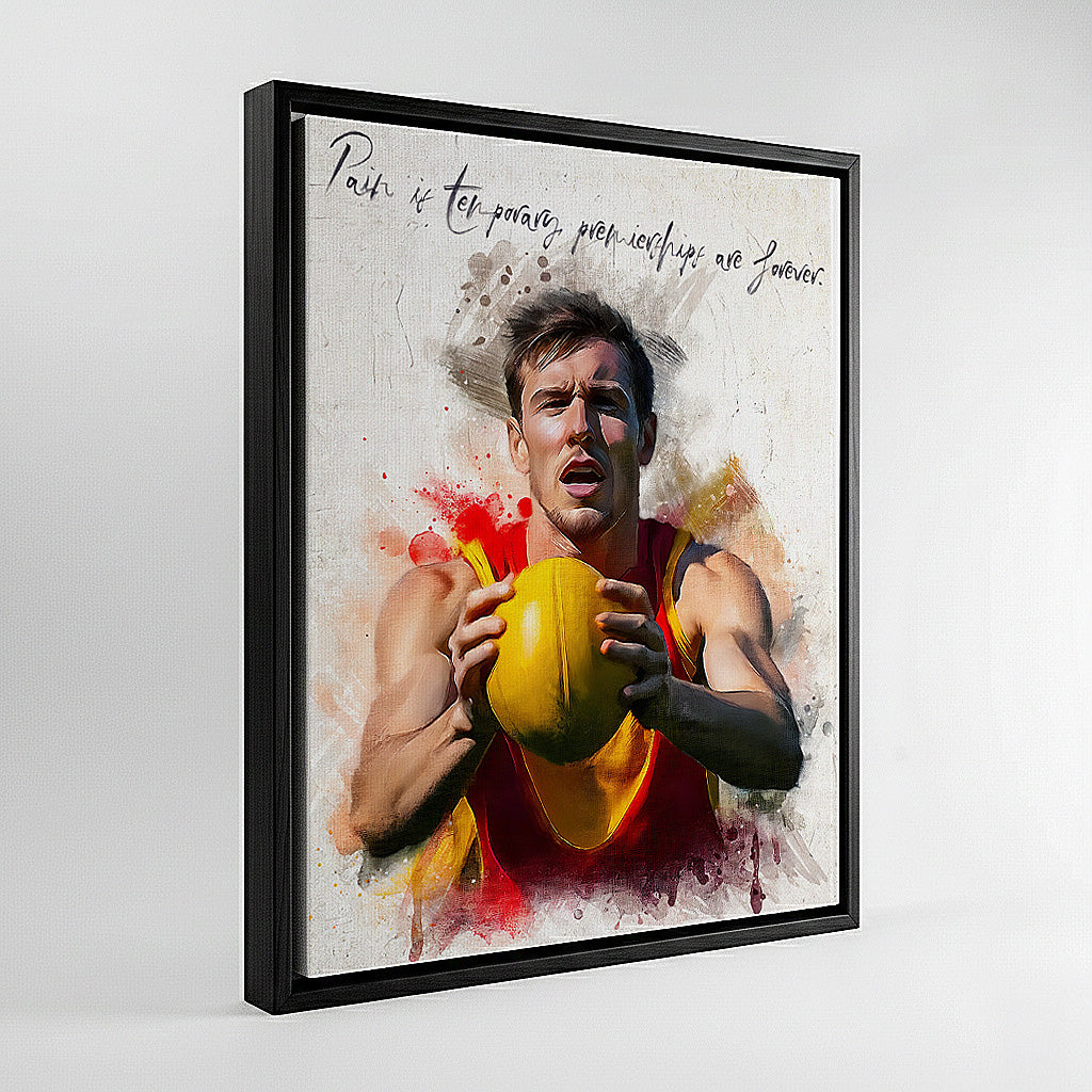 Custom AFL football player watercolour portrait in black wood frame — personalised premiership wall art canvas made from your own photo.