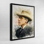 Custom photo restoration portrait of Banjo Paterson, digitally crafted and printed on canvas in a black wood floating frame by Ausome Love Studio.