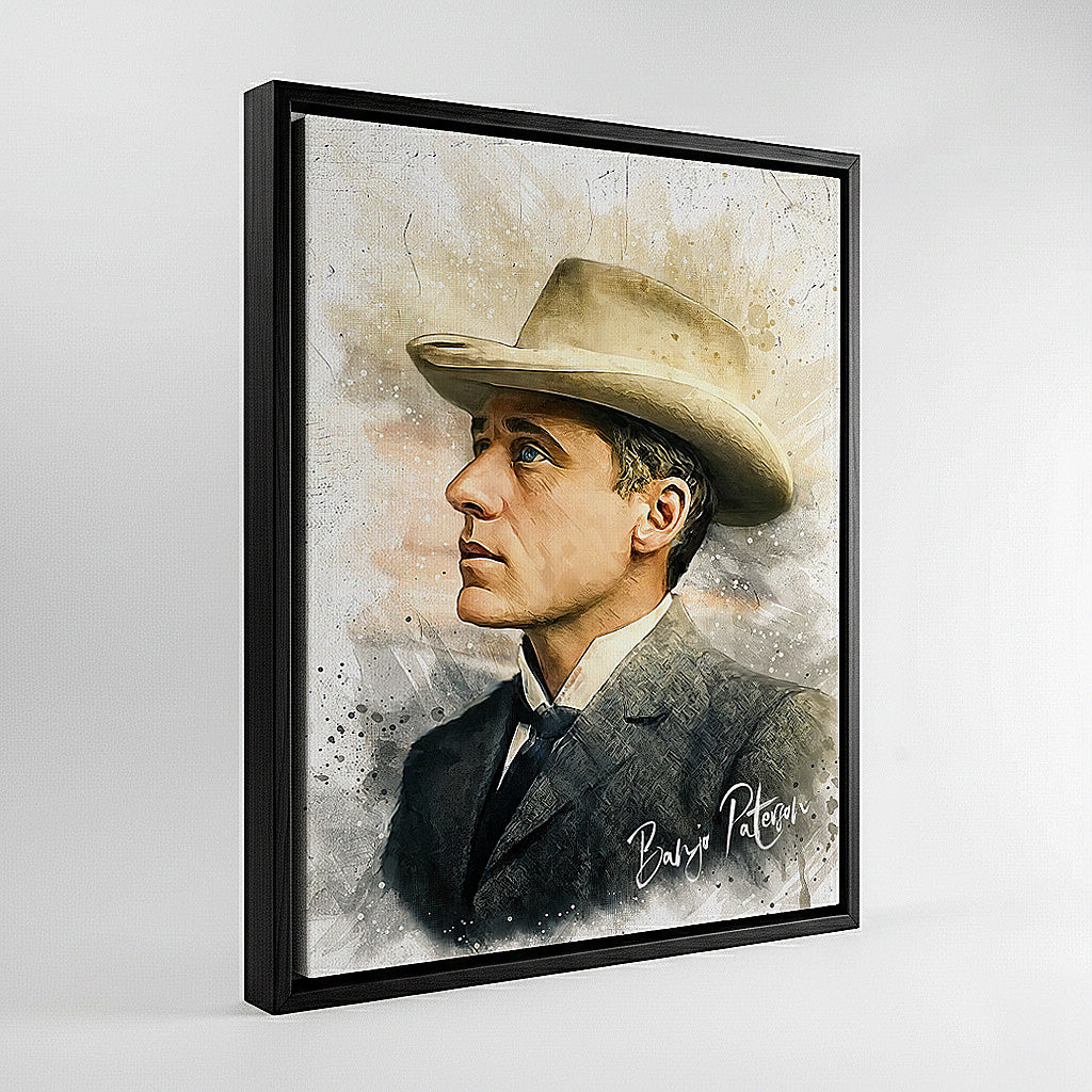 Custom photo restoration portrait of Banjo Paterson, digitally crafted and printed on canvas in a black wood floating frame by Ausome Love Studio.