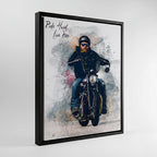 Custom Harley motorcycle watercolour canvas in black frame — personalised biker wall art made from your own photo.