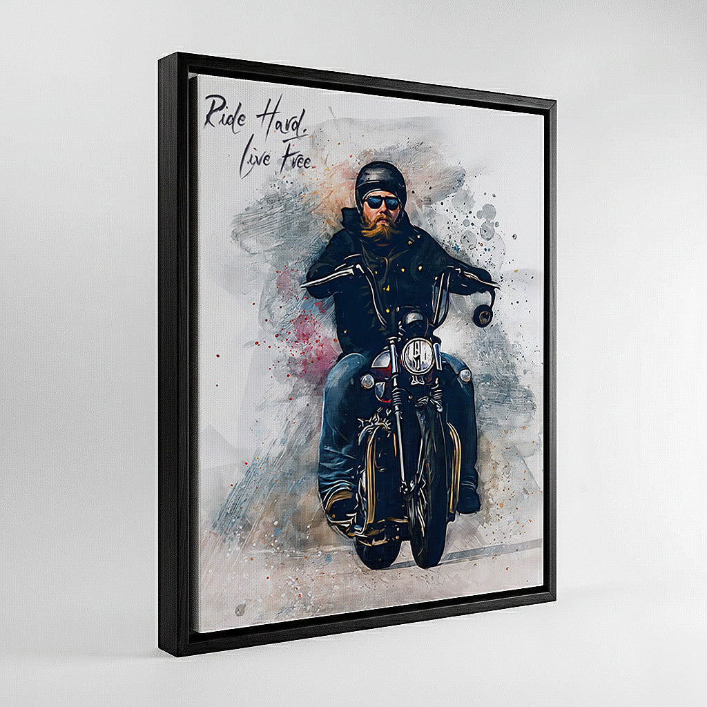 Custom Harley motorcycle watercolour canvas in black frame — personalised biker wall art made from your own photo.