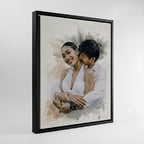 Custom watercolour portrait of a couple embracing, printed on canvas in a black wood floating frame by Ausome Love Studio.