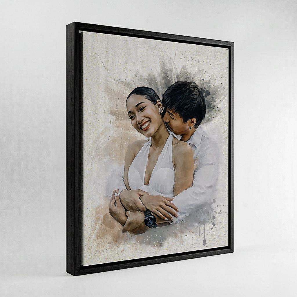 Custom watercolour portrait of a couple embracing, printed on canvas in a black wood floating frame by Ausome Love Studio.