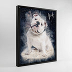 Custom Bulldog watercolour pet portrait on premium canvas in black frame — personalised dog wall art ready to hang, made from your photo.