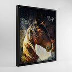 Custom watercolour horse portrait printed on canvas in a black wood floating frame, personalised equestrian wall art by Ausome Love Studio.
