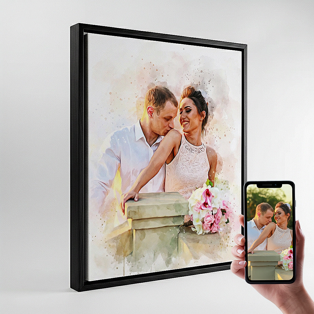 Custom black floating frame housing a watercolor wedding portrait of a groom kissing the bride's shoulder, shown alongside the original smartphone photo by Ausome Love Studio.