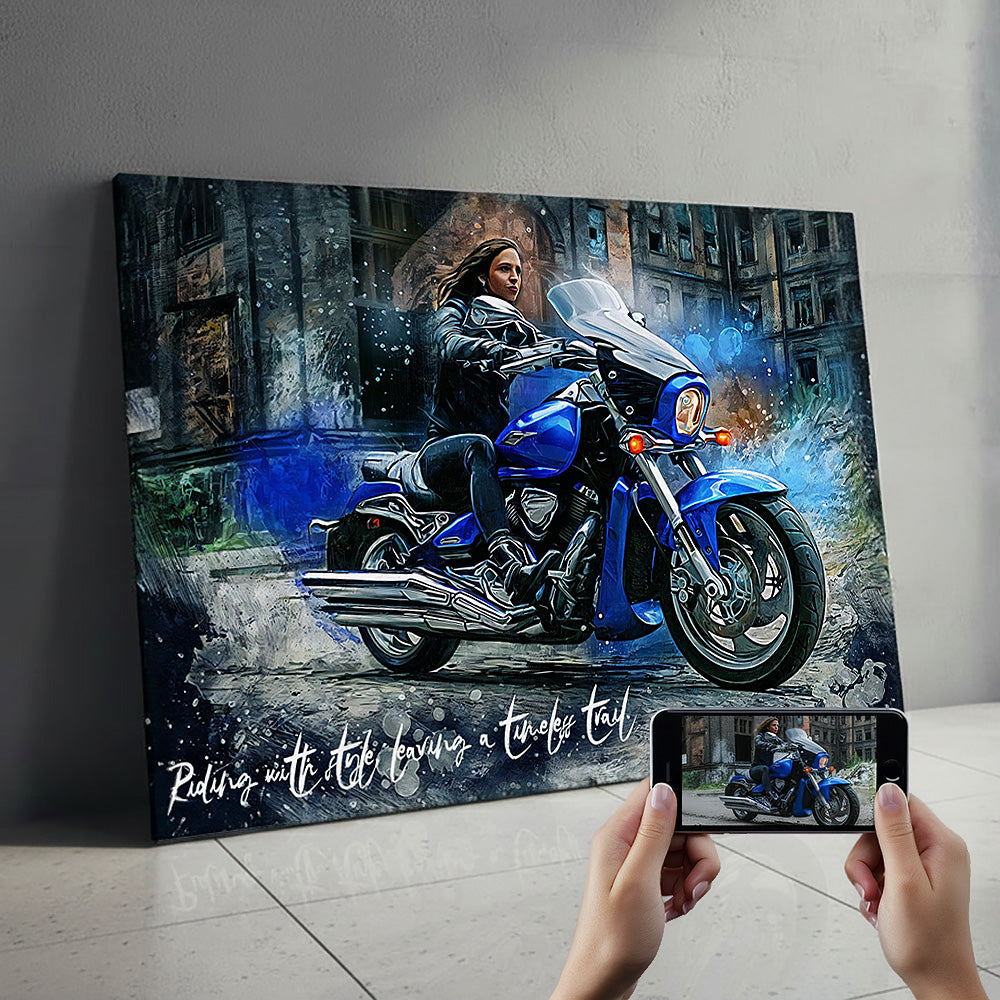 Custom blue motorcycle watercolour canvas portrait — personalised wall art of a woman rider with motivational quote, shown with original photo reference.