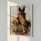 Custom brown horse watercolor wall art in a white frame, personalized equestrian home decor with a moody paint splash effect by Ausome Love Studio.
