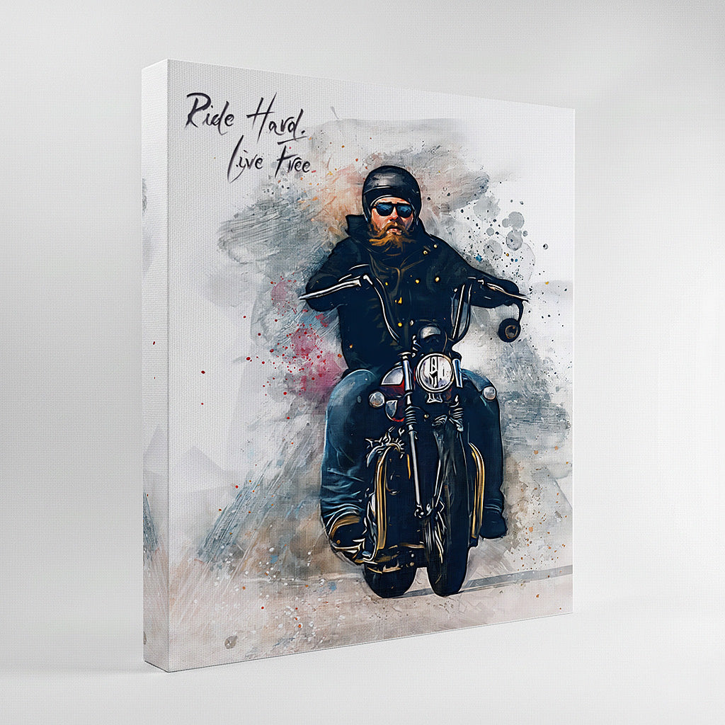 Custom bearded motorcyclist watercolour canvas portrait — personalised cruiser bike wall art with 'Ride Hard, Live Free' calligraphy on a white background.