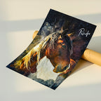 Personalized chestnut horse watercolor effect art print titled "Pancho" from your photo, custom unframed equestrian wall decor by Ausome Love Studio.