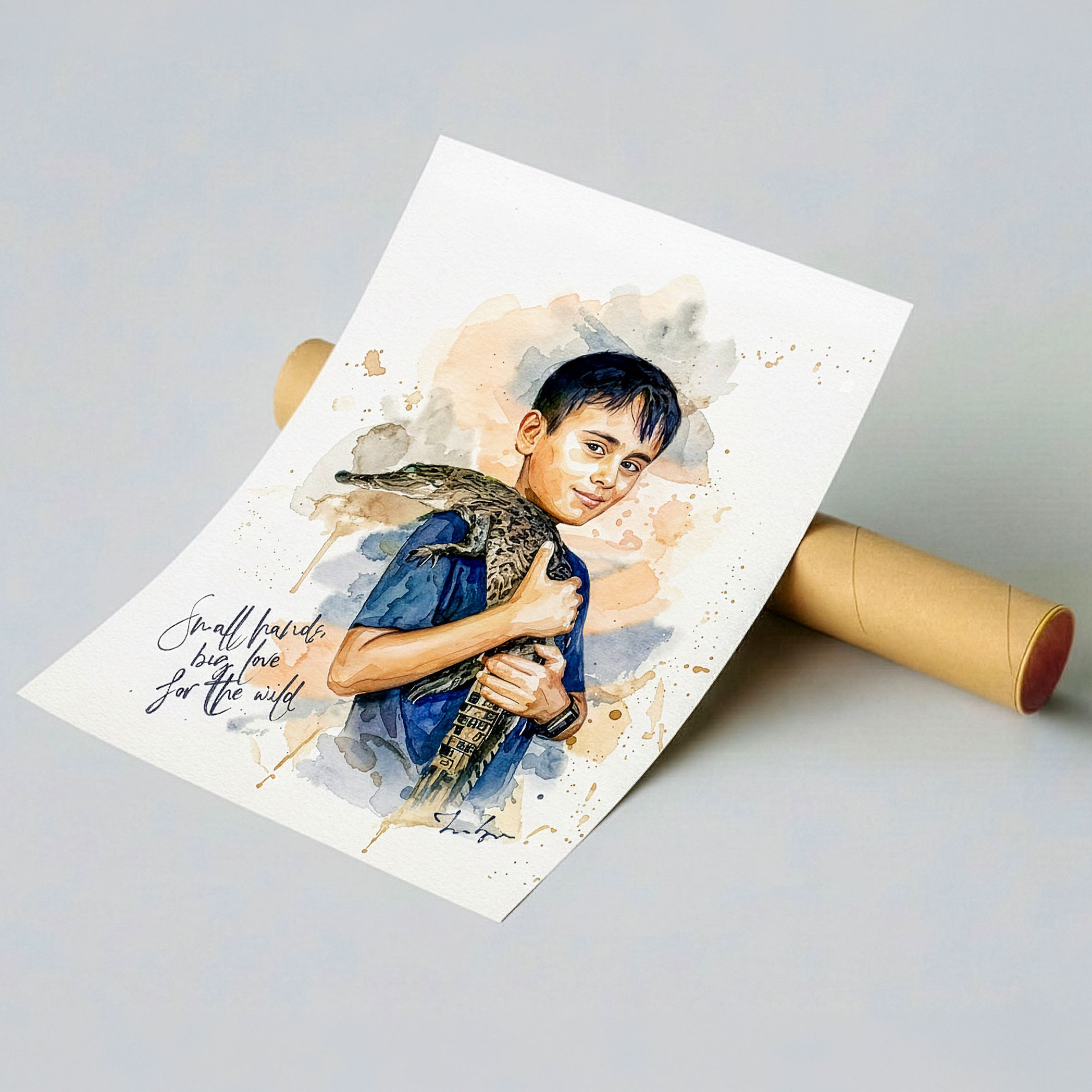 Custom watercolor art print of a child and a crocodile, displayed as a high-quality paper poster with artistic paint drips by Ausome Love Studio.