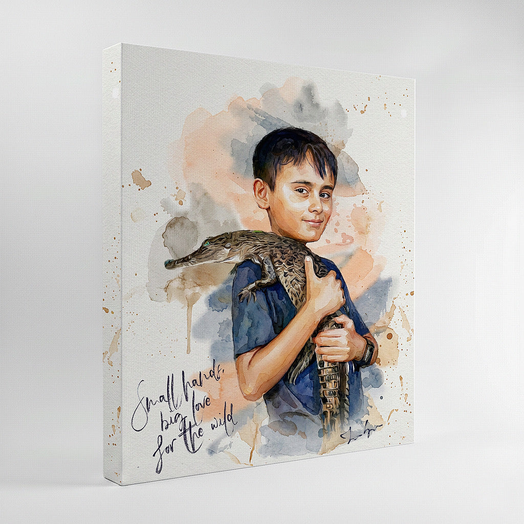 Unique child's watercolor art featuring a boy holding a crocodile, with 'Small hands, big love for the wild' typography, produced as a premium canvas print by Ausome Love Studio.