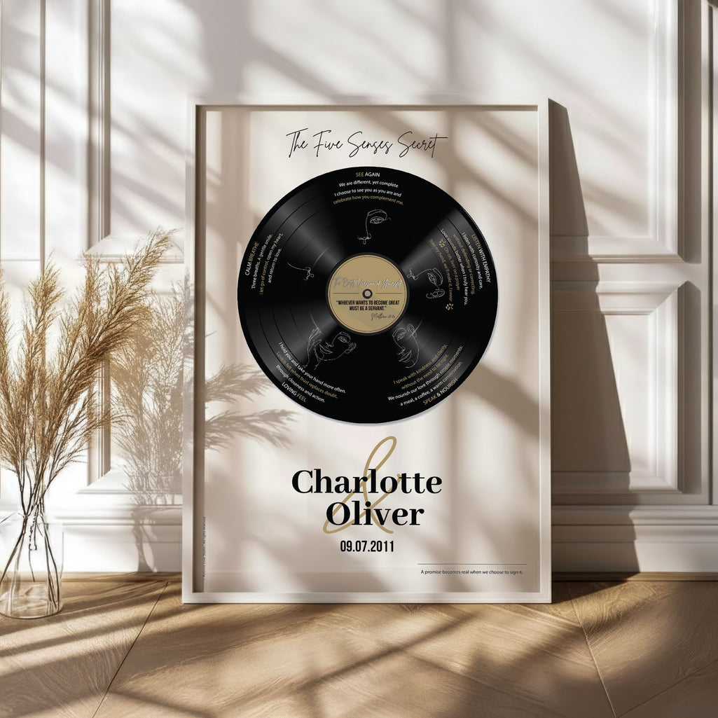 Personalized anniversary gift for couples — Five Senses vinyl record wall art in white wood frame, displayed in a sunlit modern interior.