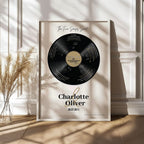 Personalized anniversary gift for couples — Five Senses vinyl record wall art in white wood frame, displayed in a sunlit modern interior.