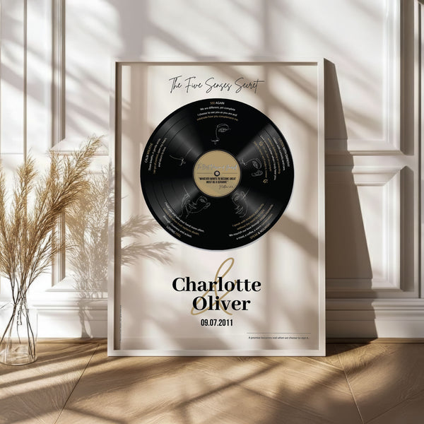 Personalized anniversary gift for couples — Five Senses vinyl record wall art in white wood frame, displayed in a sunlit modern interior.