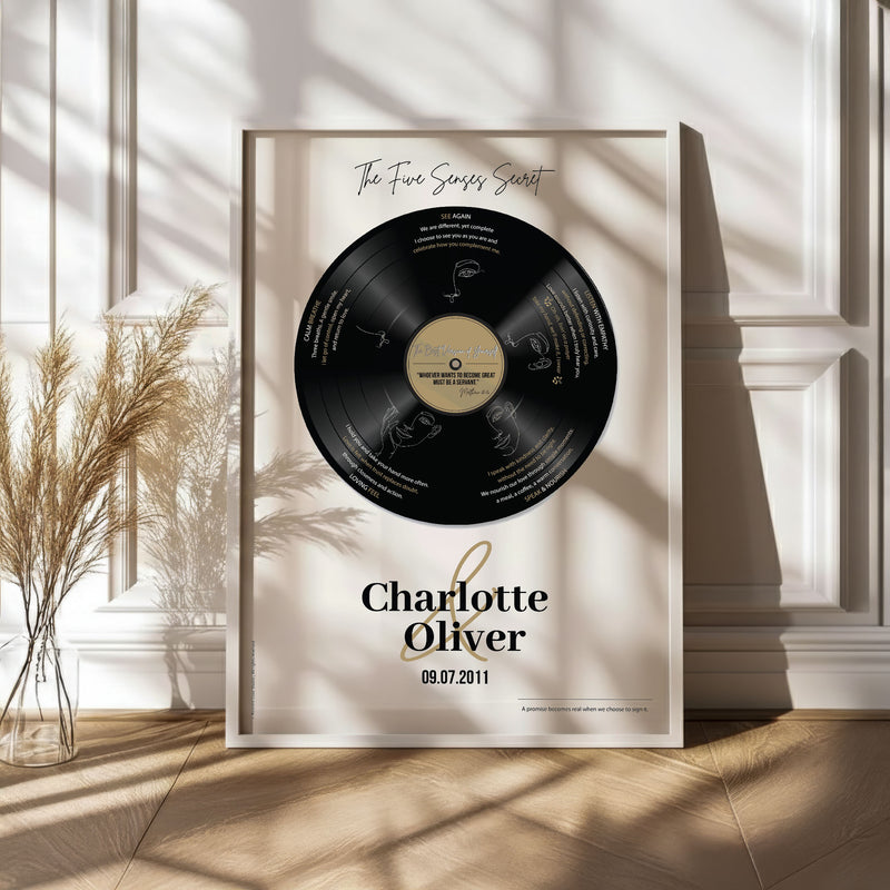 Personalized anniversary gift for couples — Five Senses vinyl record wall art in white wood frame, displayed in a sunlit modern interior.