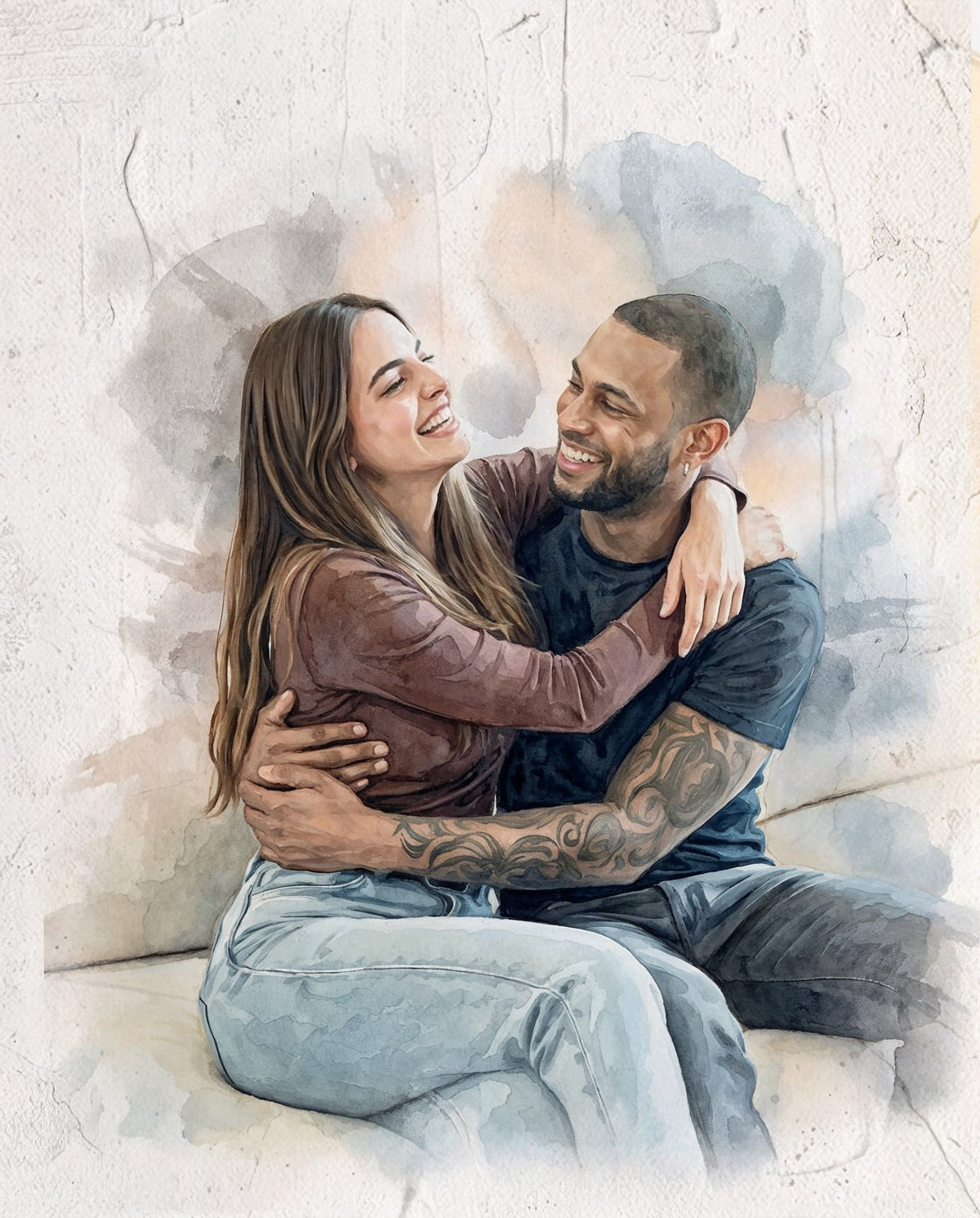 Watercolour portrait of a couple embracing and laughing, painted by Ausome Love Studio, showing a marriage reconnected