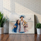 Custom couple and Jack Russell beach watercolour portrait on premium canvas — personalised pet wall art titled 'Scout', made from your photo.