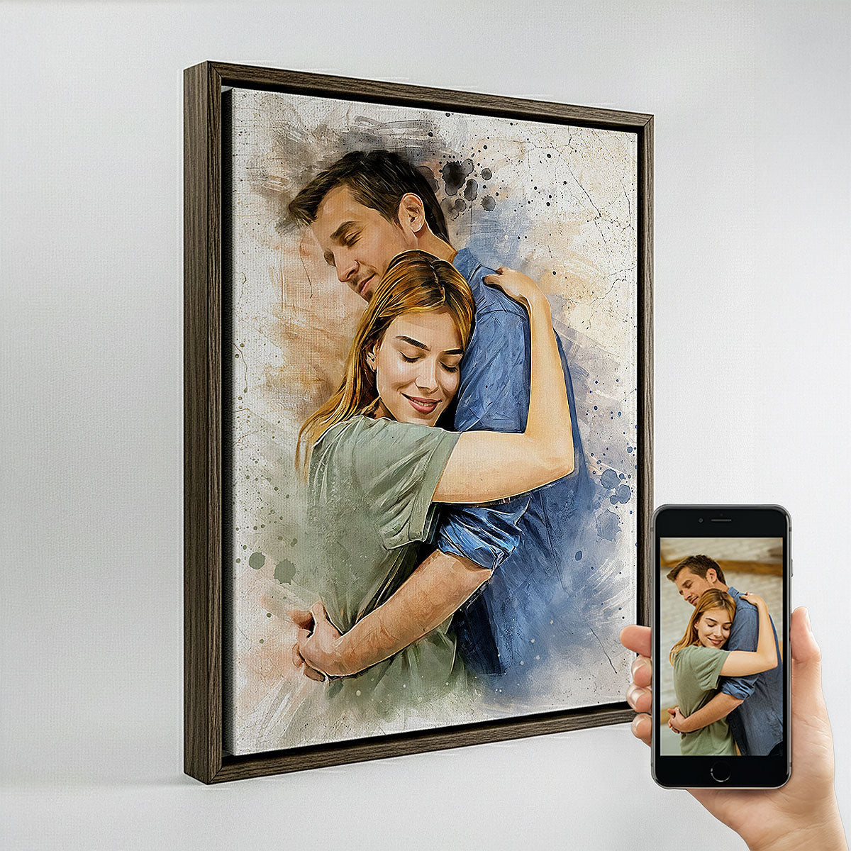 Intimate couple's hug transformed into a custom watercolor illustration, displayed in a dark wood floating frame by Ausome Love Studio.