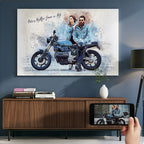 Custom couple's motorcycle watercolour canvas portrait — personalised biker wall art for couples who ride together, made from your own photo.