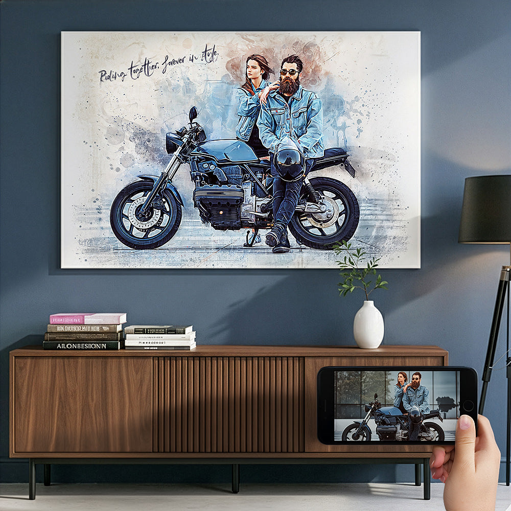 Custom couple's motorcycle watercolour canvas portrait — personalised biker wall art for couples who ride together, made from your own photo.