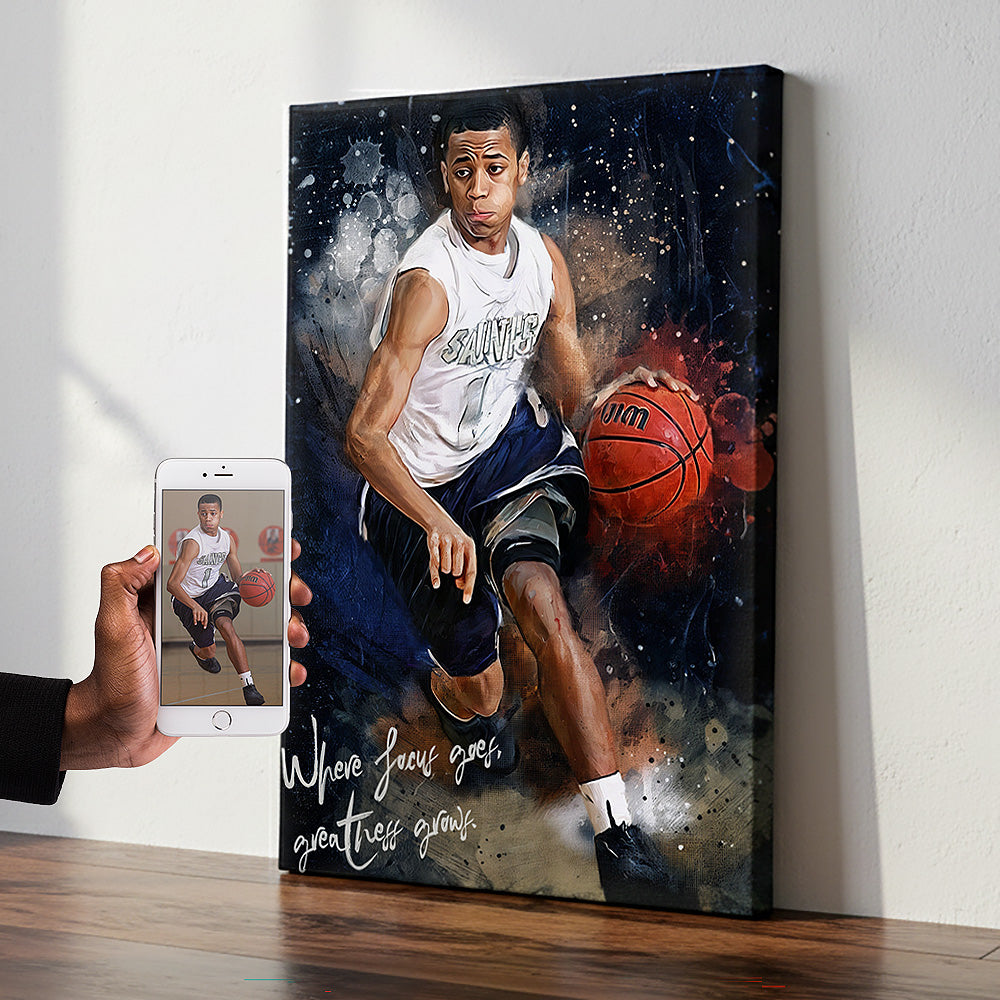 Custom basketball player watercolour portrait by Ausome Love Studio — personalised sports wall art canvas with motivational quote, made from your own action photo. Main image