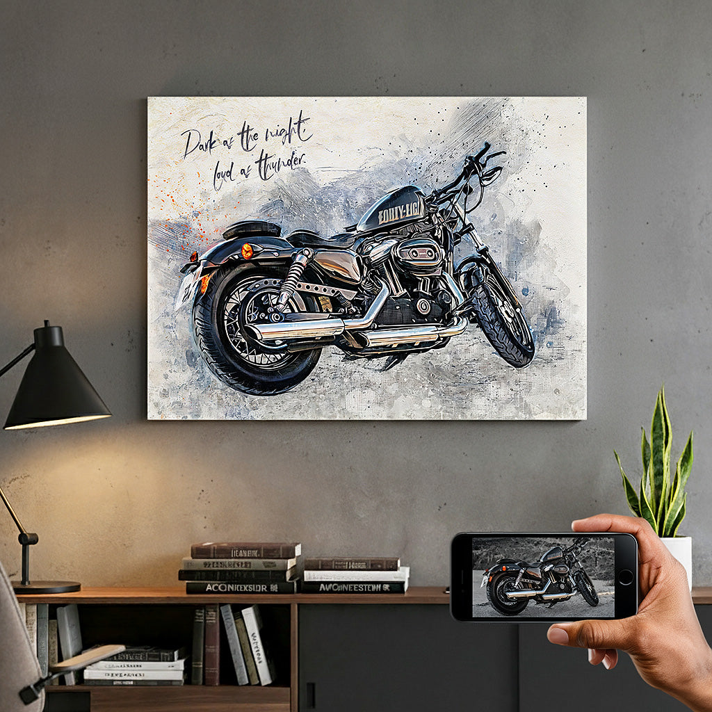Custom black cruiser motorcycle watercolour canvas — personalised biker wall art with 'Dark as the night, loud as thunder' quote, shown with original photo reference.