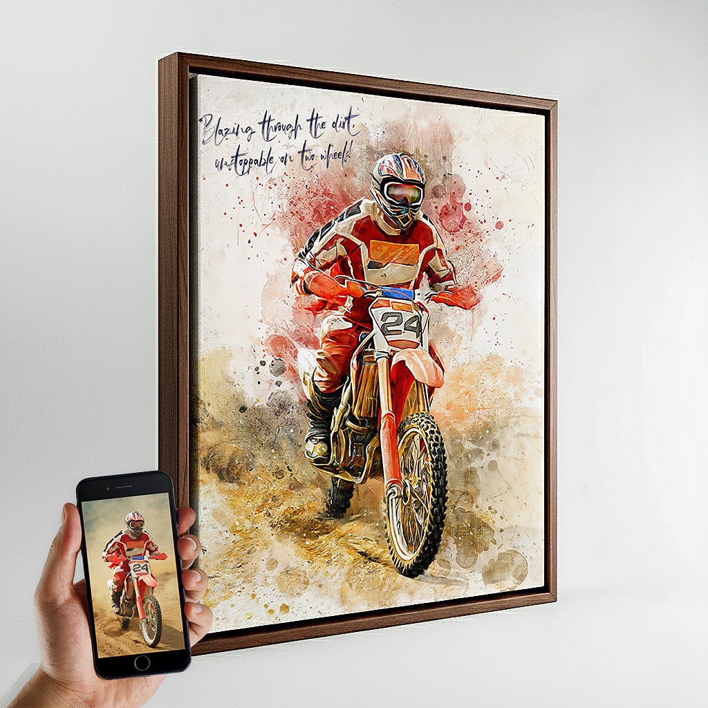 Ausome Love Studio custom motocross action portrait with watercolor effect printed on wall art canvas, featuring a dirt bike rider in red gear and a dark wood floating frame.