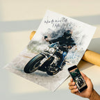 Custom street motorcycle portrait on fine art paper — personalised biker watercolour wall art with motivational quote, made from your reference photo.