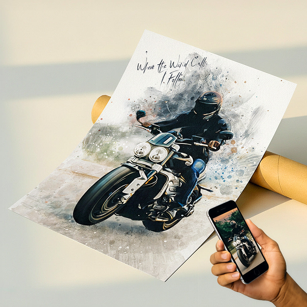 Custom street motorcycle portrait on fine art paper — personalised biker watercolour wall art with motivational quote, made from your reference photo.