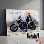 Custom woman biker watercolour canvas portrait — personalised Harley-style motorcycle wall art with 'Beauty Meets the Beast' quote.