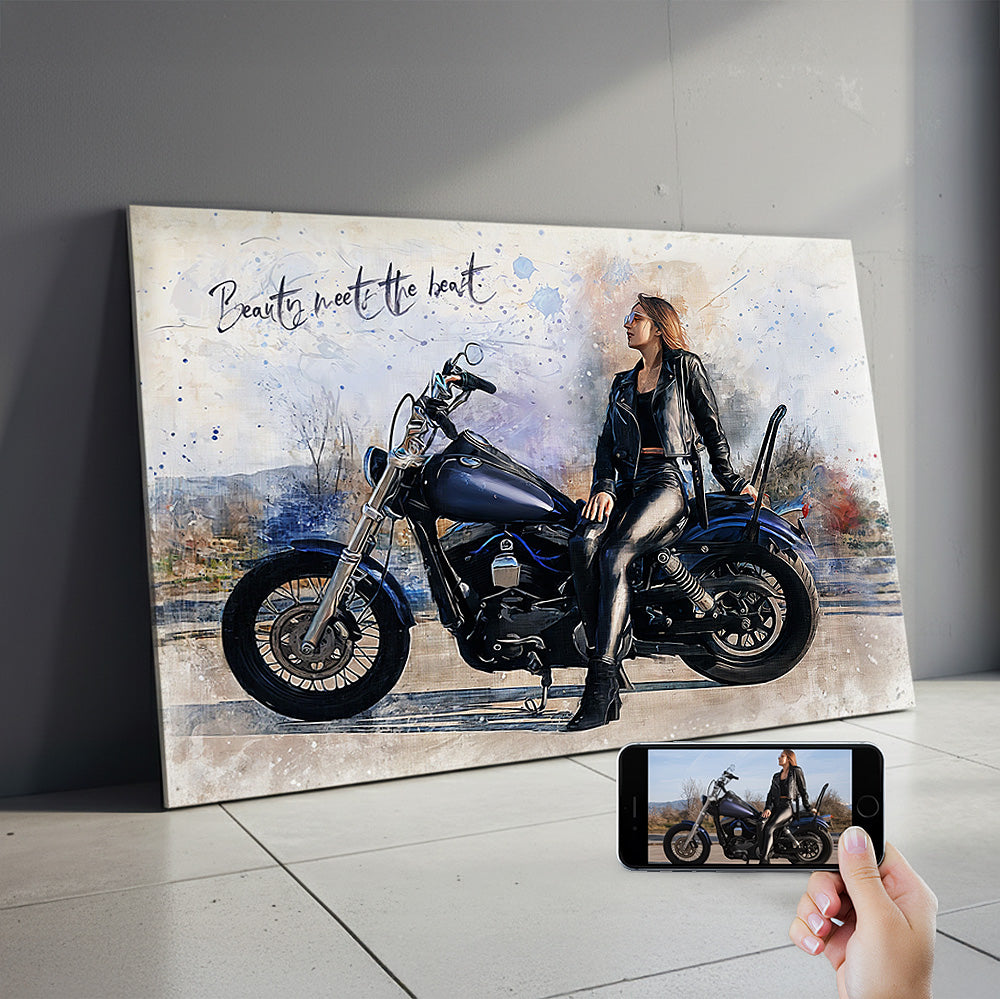 Custom woman biker watercolour canvas portrait — personalised Harley-style motorcycle wall art with 'Beauty Meets the Beast' quote.