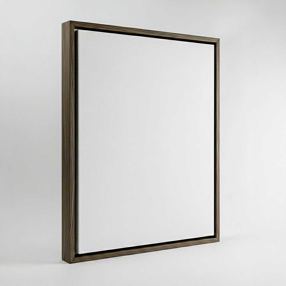 Ausome Love Studio wall art frame options, featuring premium floating canvas styles in natural oak, Dark wood, and classic black wood finishes.