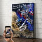 Custom dirt bike action portrait on premium canvas — personalised motocross watercolour wall art with motivational quote, made from your action photo.
