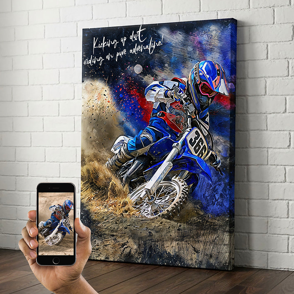 Custom dirt bike action portrait on premium canvas — personalised motocross watercolour wall art with motivational quote, made from your action photo.