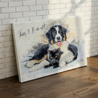 Custom dog and cat watercolour portrait on premium canvas — personalised pet wall art featuring Bernese Mountain Dog 'Teddy' and black cat 'Midnight'.