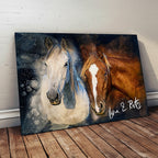 Custom double horse watercolor portrait wall art titled "Luna & Rusty" on canvas, personalized equestrian memorial decor by Ausome Love Studio.
