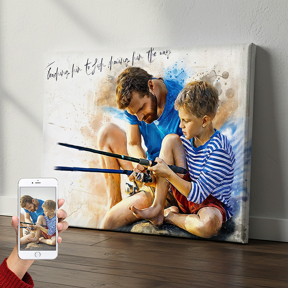 Custom father and son fishing watercolour portrait — personalised family sports gift on canvas with motivational quote, made from your own photo.