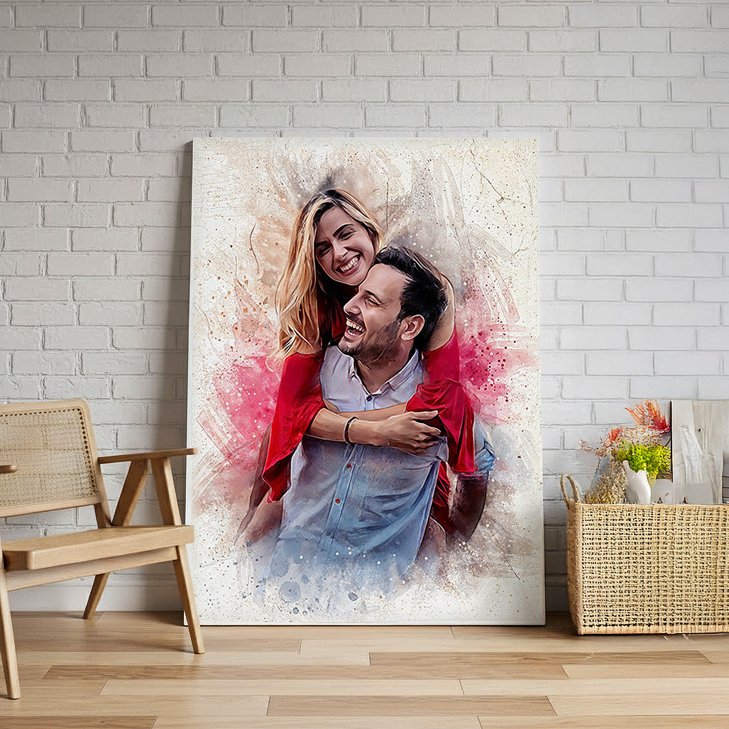 Customized watercolor couple portrait by Ausome Love Studio, featuring a romantic embrace with artistic paint splashes and a textured canvas finish.
