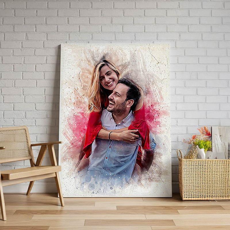 Customized watercolor couple portrait by Ausome Love Studio, featuring a romantic embrace with artistic paint splashes and a textured canvas finish.