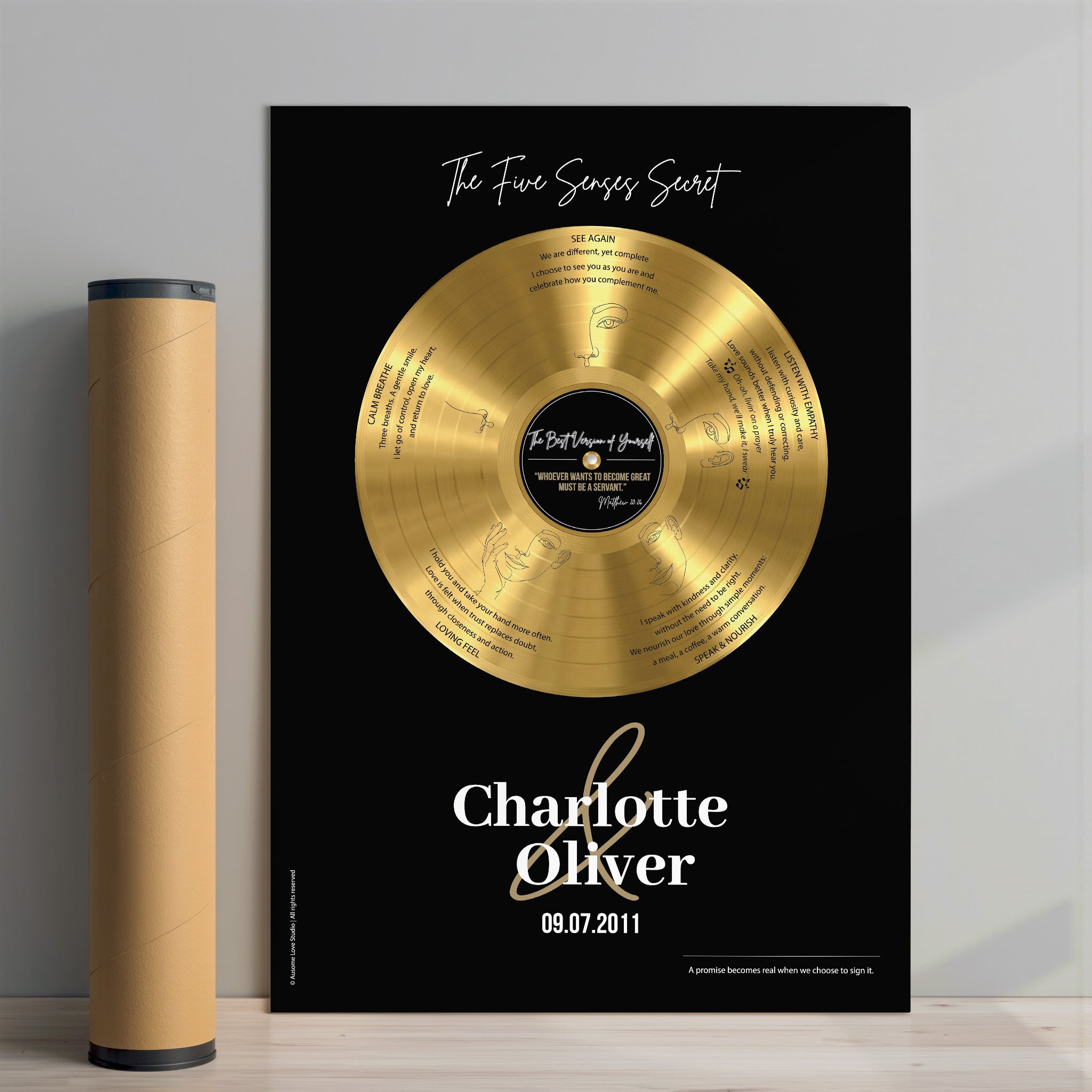 Personalized wedding gift — Five Senses black vinyl record print on archival 200 gsm fine art paper with custom marriage vows.