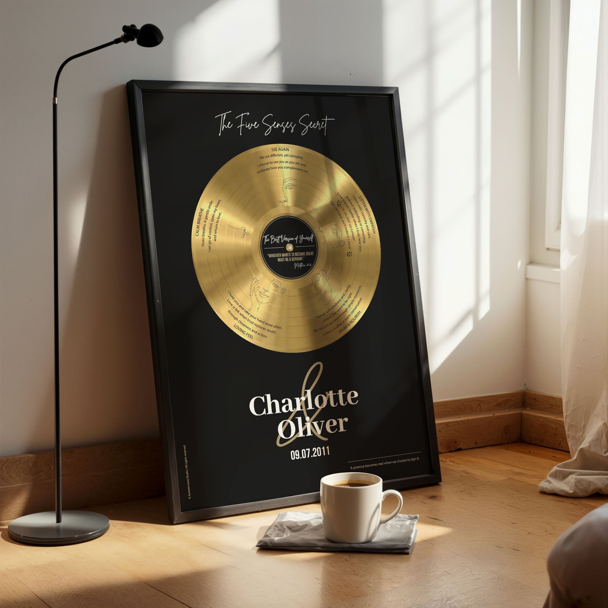 Personalized couples gift — Five Senses gold vinyl record on black background, framed in black wood with custom names.