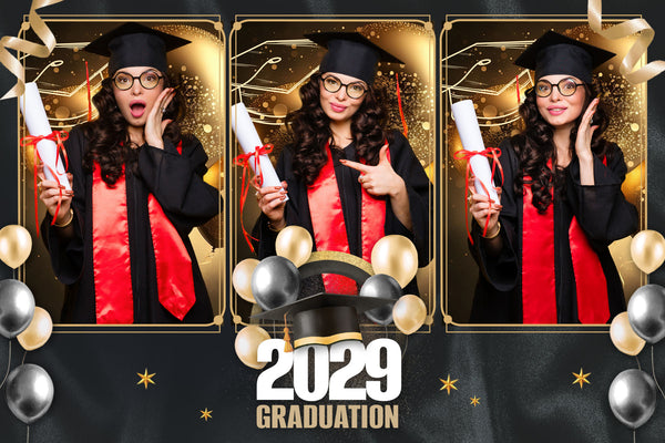 A graduation themed photo booth template with a black and gold design, gold and silver balloons and confetti, showing a woman in a cap and gown holding her diploma in three frames, personalised with the graduation year, by Ausome Love Studio