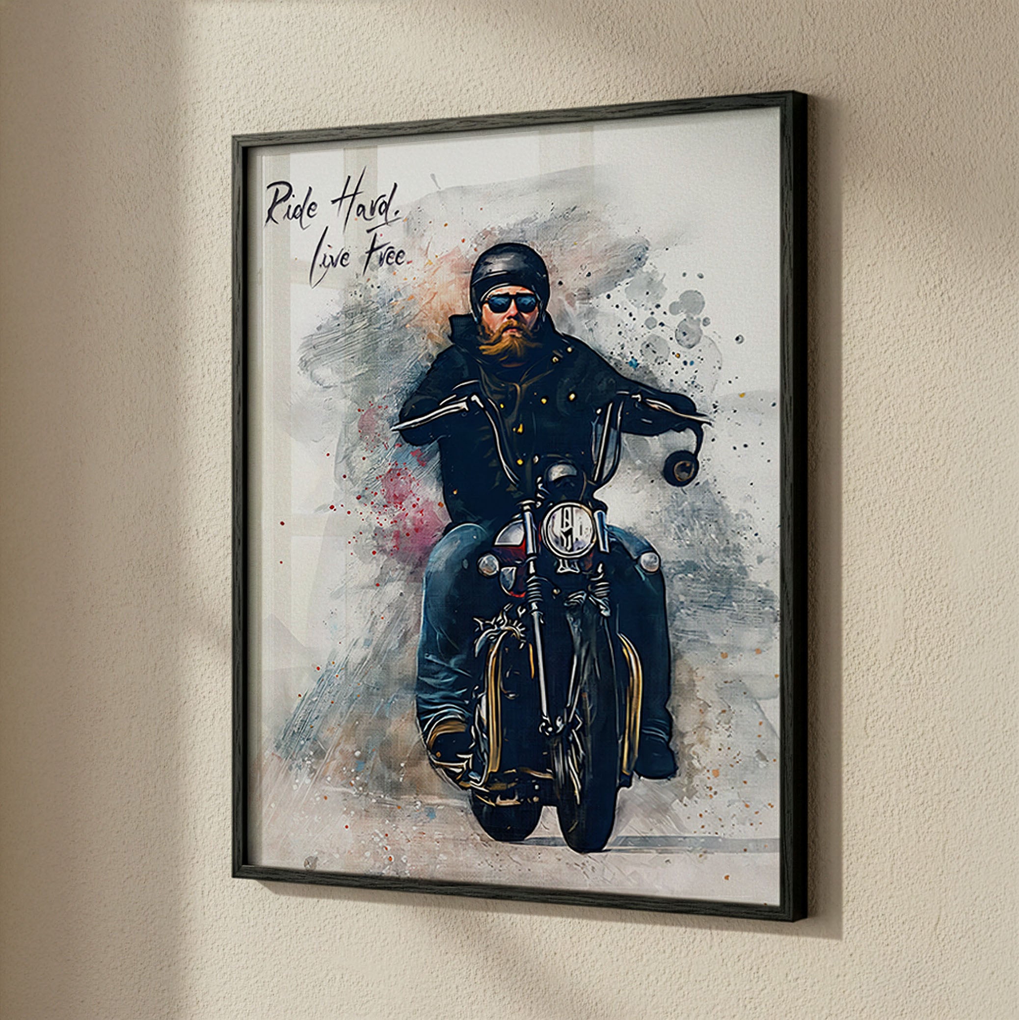 Custom Harley motorcycle watercolour portrait on fine art paper — personalised biker wall art made from your photo, high-resolution upscaled artwork.
