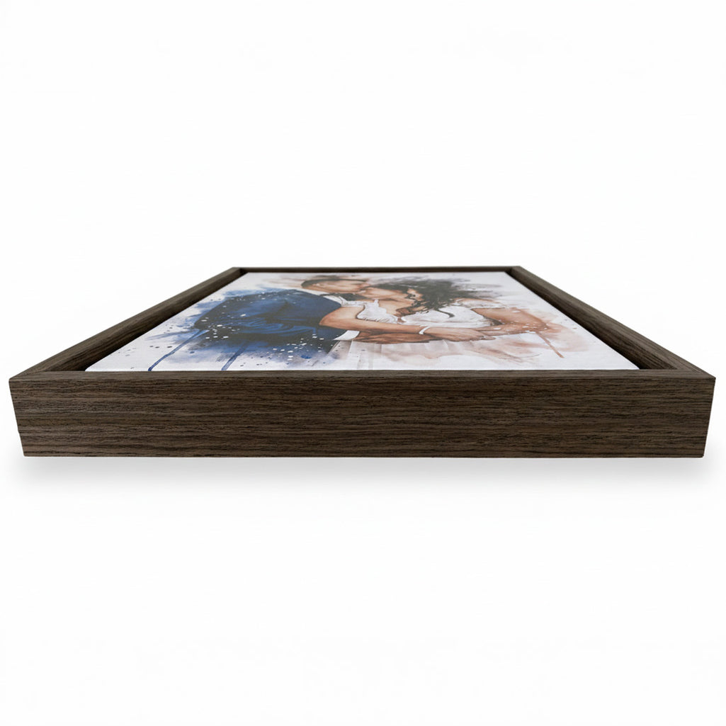 Low-angle view of a custom Ausome Love Studio watercolor effect wedding portrait, highlighting the depth of the premium wood floating frame.