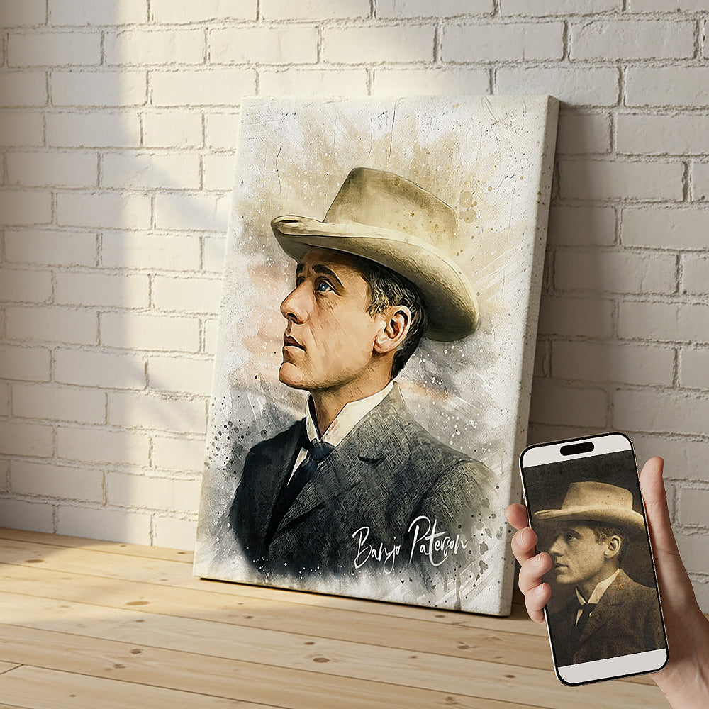 Custom historical portrait of Banjo Paterson by Ausome Love Studio, showing a watercolor effect canvas print leaning against a white brick wall next to the original reference photo on a smartphone.