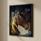 Custom watercolour horse portrait of Pancho printed as a fine art poster in a black timber frame, styled on a textured wall by Ausome Love Studio.